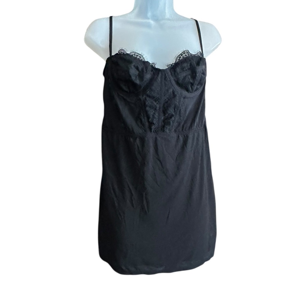 Urban‎ Outfitters Black Lace Trim Corset Slip Dress Large Mini Lingerie Babydoll